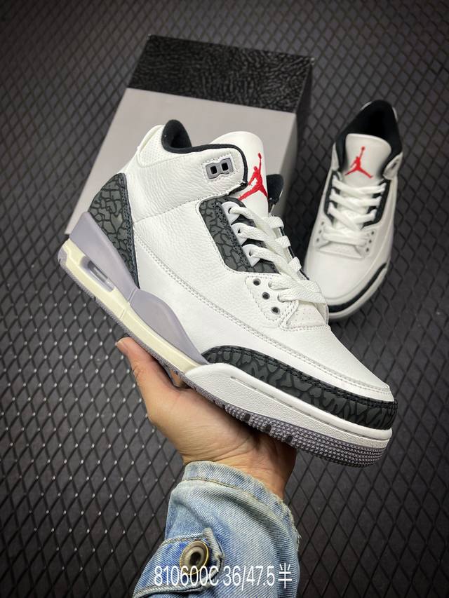 Air Jordan 3 Retro Cement Grey Aj3 乔3水泥灰 Ct8532-106 #整体以白色荔枝皮和打孔皮革，衬托深灰色爆裂纹。加之鞋舌